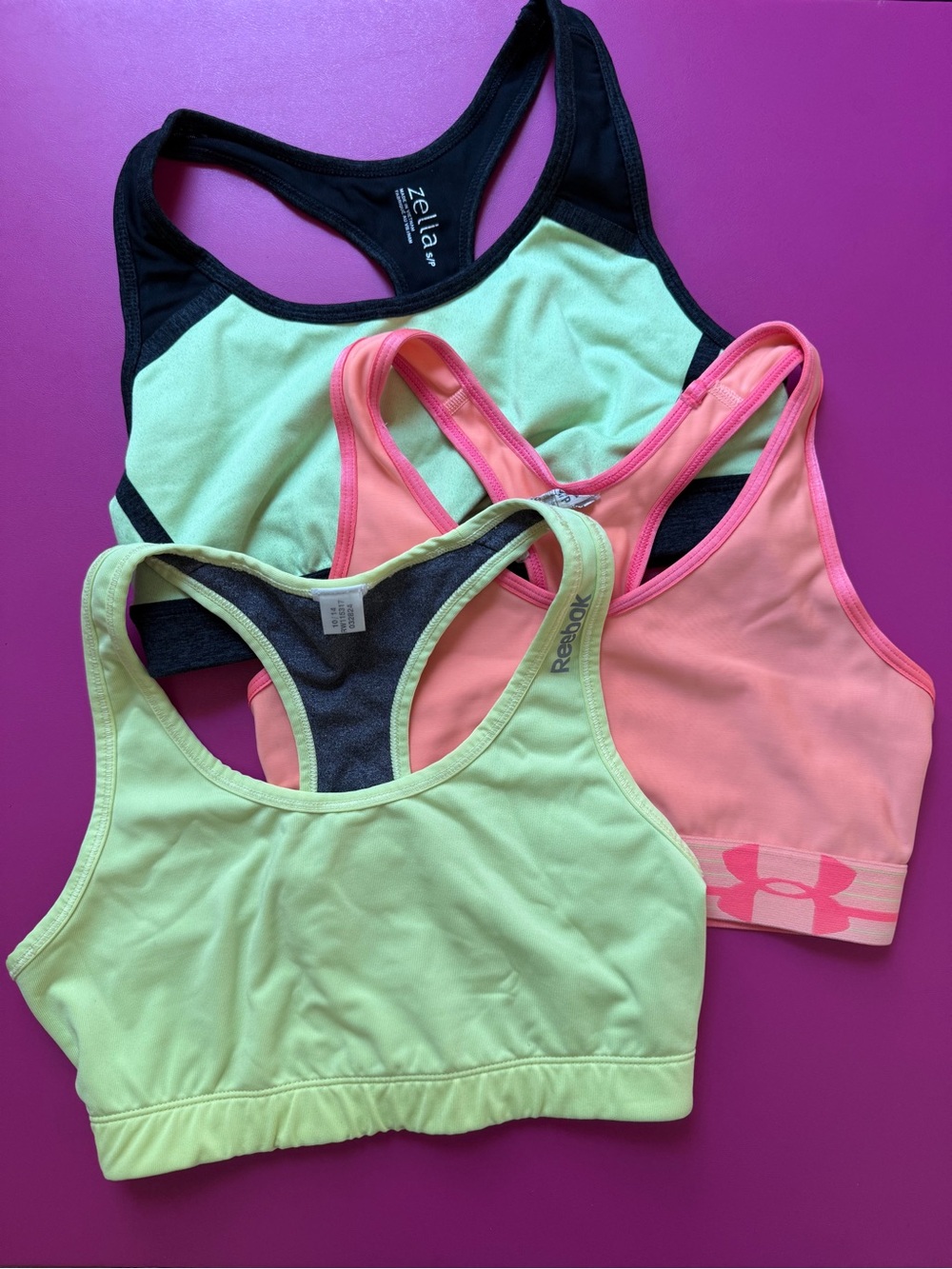 Sports Bra Set of 3 ZELLA, UNDER ARMOUR, REEBOK Size Small Compression Racerback